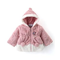Babyhug Full Sleeves Fur Hooded Winter Jacket with Pom Pom - Light Pink