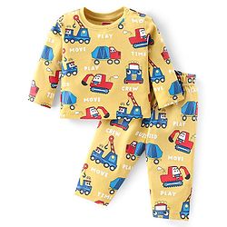 Babyhug Cotton Knit Full Sleeves Night Suit With Vehicles Print - Mustard