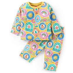 Babyhug Cotton Knit Full Sleeves Night Suit with Sun & Floral Print - Yellow