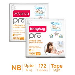 Babyhug Pro Bubble Care Premium Tape Style Diaper New Born (NB) Size - 86 Pieces - Pack of 2