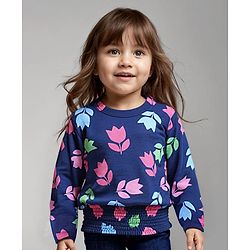 Babyhug Cotton Knit Full Sleeves Top with Floral Print - Navy Blue