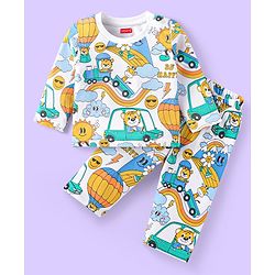 Babyhug Cotton Knit Full Sleeves Night Suit With Animal & Vehicle Print - White