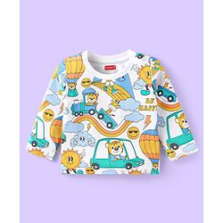 Babyhug Cotton Knit Full Sleeves Night Suit With Animal & Vehicle Print - White