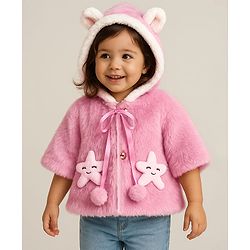 Babyhug Fur Woven Half Sleeves Hooded Winter Jacket With Starfish Applique & Ears Detailing - Pink