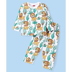 Babyhug Cotton Knit Full Sleeves Night Suit Lion Print - White