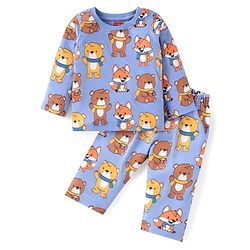 Babyhug Cotton Knit Full Sleeves Night Suit with Bear Print - Blue