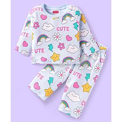 Babyhug Cotton Knit Full Sleeves Night Suit With Rainbows & Floral Print - Sky Blue