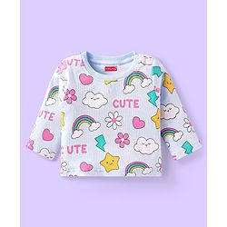 Babyhug Cotton Knit Full Sleeves Night Suit With Rainbows & Floral Print - Sky Blue