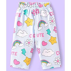 Babyhug Cotton Knit Full Sleeves Night Suit With Rainbows & Floral Print - Sky Blue