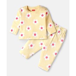 Babyhug Cotton Knit Full Sleeves Night Suit With Floral Print - Orange