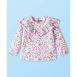 Babyhug Cotton Knit Full Sleeves Top with Frill Detailing & Floral Print - White