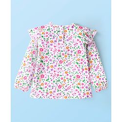 Babyhug Cotton Knit Full Sleeves Top with Frill Detailing & Floral Print - White