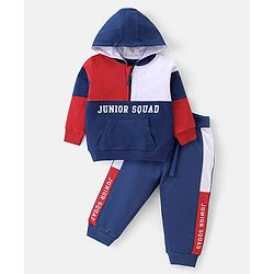 Babyhug Cotton Knit Full Sleeves Hooded Color Block T-Shirt & Lounge Pants Set With Text Print - Navy & Red