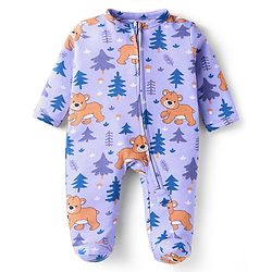 Babyhug Cotton Knit Full Sleeves Sleep Suit With Bear Print - Purple