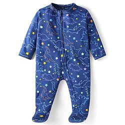 Babyhug Cotton Knit Full Sleeves Footed Sleep Suit With Dino Print - Navy Blue