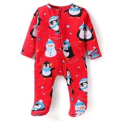 Babyhug Cotton Knit Full Sleeves Penguin Printed Footed Front Open Sleep Suit - Red