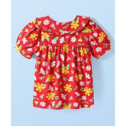 Babyhug Cotton Knit Half Sleeves Top with Peter Pan Collar & Floral Print -Red