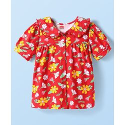 Babyhug Cotton Knit Half Sleeves Top with Peter Pan Collar & Floral Print -Red
