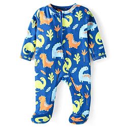 Babyhug Cotton Knit Full Sleeves Footed Sleep Suit With Dino Print - Navy Blue