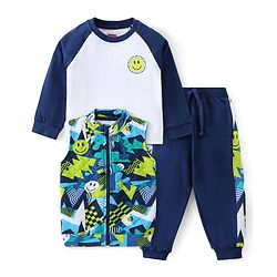 Babyhug Terry Knit Raglan Full Sleeves T-Shirt & Pant Set with Jacket Emoji Print - Navy Blue