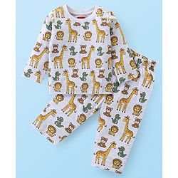 Babyhug Cotton Knit Full Sleeves Night Suit Wild Animals  Print - Light Grey