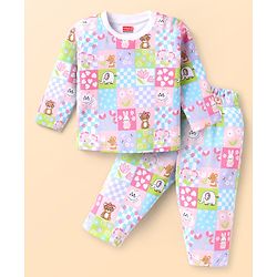 Babyhug Cotton Knit Full Sleeves Co-ords Night Suit with Animal Print - Pink