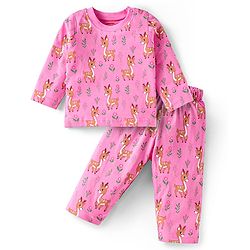 Babyhug Cotton Knit Full Sleeves Night Suit Set with Animal Print - Pink