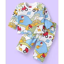 Babyhug Cotton Knit Full Sleeves Night Suit With Dino & Vehicle Print - White