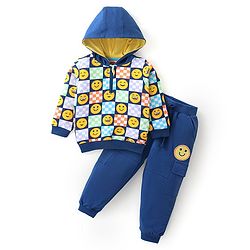 Babyhug Terry Knit Full Sleeves Hooded T-Shirt & Pant Set with Smiley Print - Blue & Yellow
