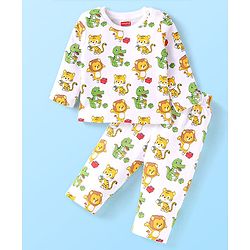 Babyhug Cotton Knit Full Sleeves Animal Printed Night Suit - White