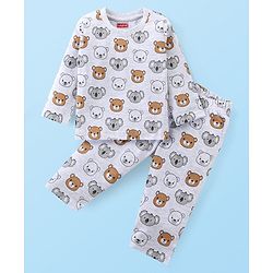 Babyhug Cotton Knit Full Sleeves Night Suit Bear Print - Light Grey
