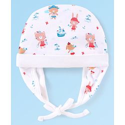 Babyhug 100% Cotton Knit Cap With Animals Print Off White - Diameter 11 cm