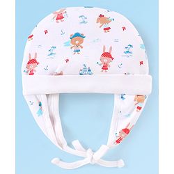 Babyhug 100% Cotton Knit Cap With Animals Print Off White - Diameter 11 cm