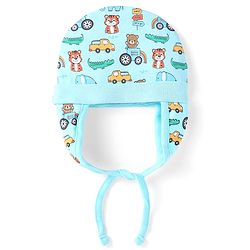 Babyhug 100% Cotton Knit Cap with String & Vehicle Print Light Blue - Diameter 11 cm