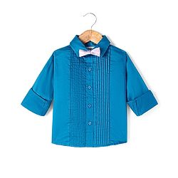 Babyhug Cotton Woven Full Sleeves Solid Shirt with Pintucks Detailing & Bow - Blue