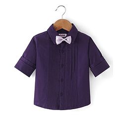 Babyhug Cotton Woven Full Sleeves Party Shirt Solid Colour with Pintuck Design & Bow - Purple