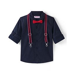 Babyhug  Woven Full Sleeves Polka Dots Printed Party Shirt with Bow & Suspender - Navy Blue
