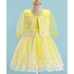 Babyhug Woven Full Puffed Sleeves Fit & Flare Floral Embroidered Frock with Shrug - Lemon Yellow