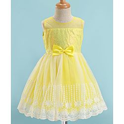Babyhug Woven Full Puffed Sleeves Fit & Flare Floral Embroidered Frock with Shrug - Lemon Yellow