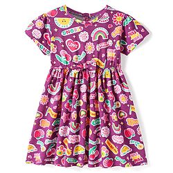Babyhug Single Jersey Knit Half Sleeves Frock with Text Print - Maroon