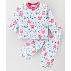 Babyhug Cotton Knit Full Sleeves Night Suit with Owl Print - White & Pink