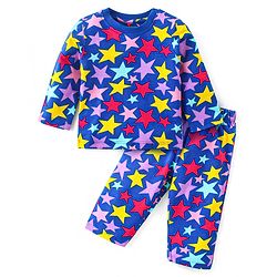 Babyhug Cotton Knit Full Sleeves Night Suit With Star Print - Navy Blue