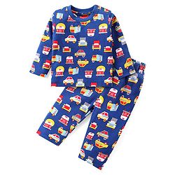 Babyhug Cotton Knit Full Sleeves Night Suit with Vehicle Print - Navy Blue
