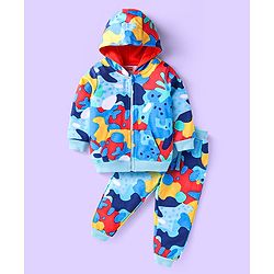 Babyhug Terry Knit Full Sleeves Abstract Printed  Hooded Sweatjacket & Joggers Set with Kangaroo Pockets - Blue Yellow & Red