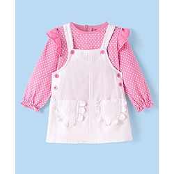 Babyhug Cotton Woven Full Sleeves Polka Dots Printed Top with Frock - White & Pink