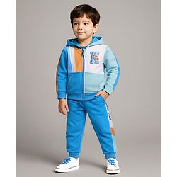 Babyhug Cotton Knit Full Sleeves Hooded Front Zipper Color Block T-Shirt & Lounge Pants Set - Blue