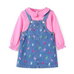 Babyhug Woven Full Sleeves Solid Colour Top with Floral Embroidered Denim Peter Pan Collared Frock   - Pink & Blue