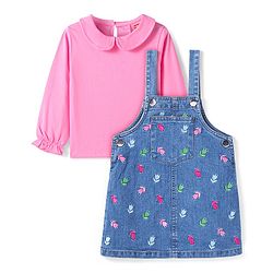 Babyhug Woven Full Sleeves Solid Colour Top with Floral Embroidered Denim Peter Pan Collared Frock   - Pink & Blue
