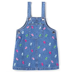 Babyhug Woven Full Sleeves Solid Colour Top with Floral Embroidered Denim Peter Pan Collared Frock   - Pink & Blue
