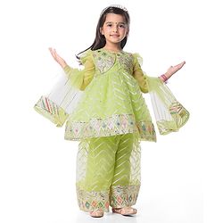 Babyhug Woven Three Fourth Sleeves Kurta Palazzo & Dupatta Set with Sequin Embroidery - Lime Yellow